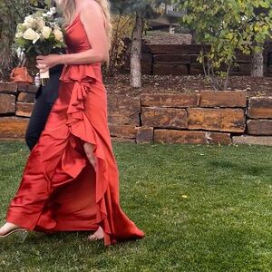 Worn 1x Mac Duggal V-Neck Spaghetti Strap Satin Gown